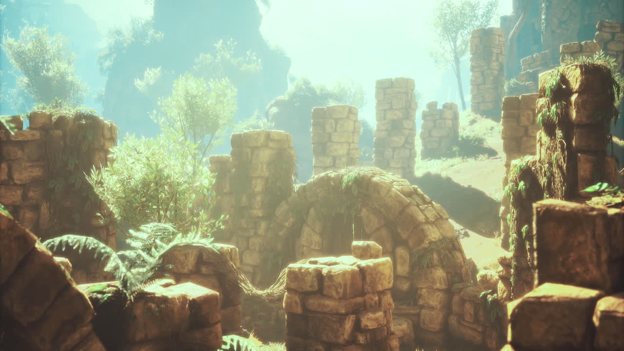 Golden ruins in lush greenery create an enchanting atmosphere