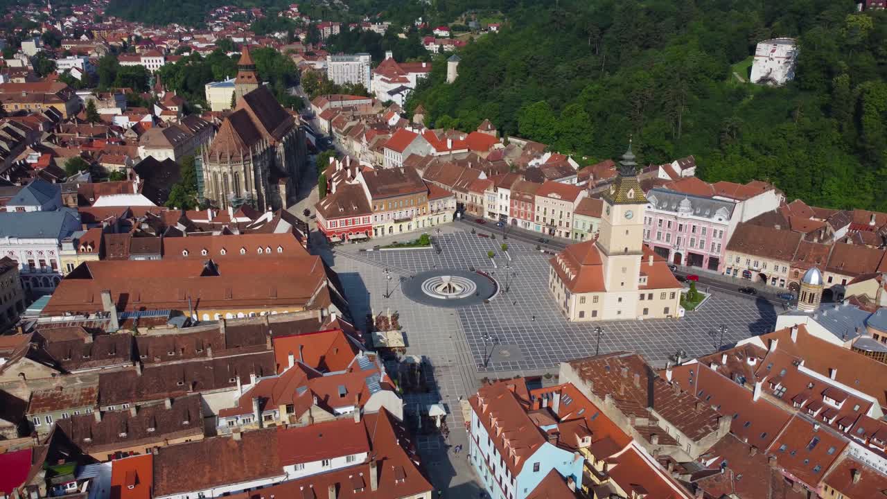 Drone circling round Brasov Main Square and Town Hall - Romania