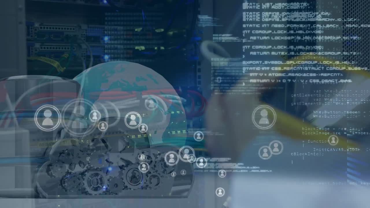 Animation of data processing over caucasian worker in server room