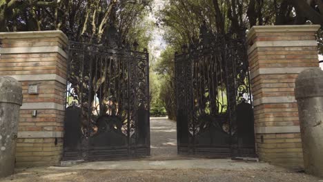 automatic iron steel gate opening of countryside path leading to fancy villa