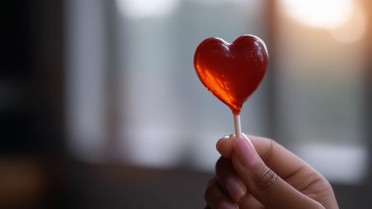Uma mão segurando um pirulito em formato de coração captura a essência do amor e da doçura, com o brilho quente do pôr do sol criando uma atmosfera romântica.
