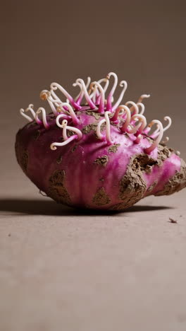 close-up of a sprouted purple sweet potato