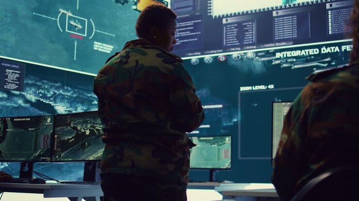 Female brigadier general gather intelligence reports on a big screen