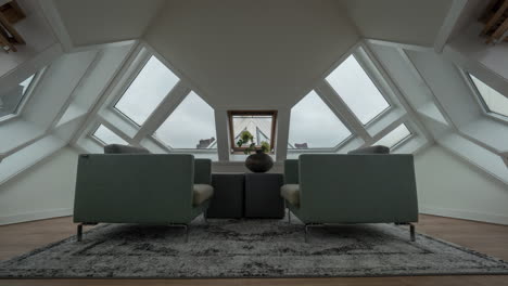 timelapse of clouds in windows view inside cube house