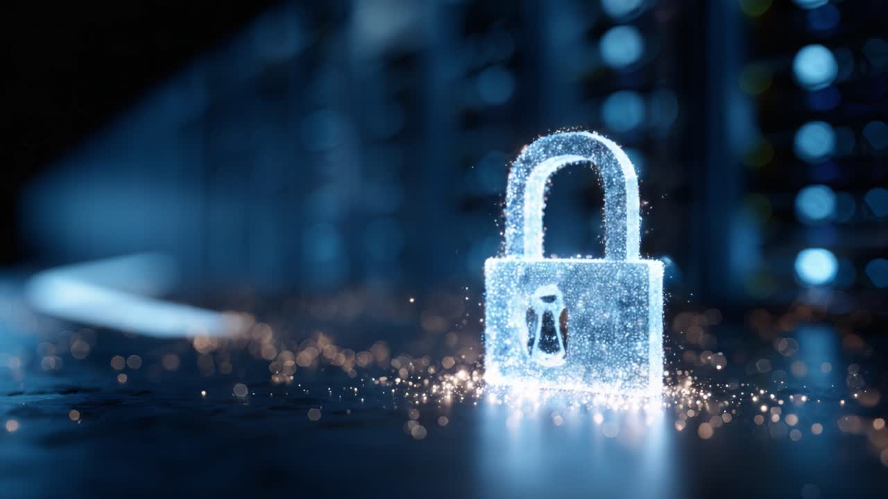 A Glimmering Digital Lock Surrounded by Sparkling Particles in a High-Tech Environment Signifying Security and Protection in a Virtual World