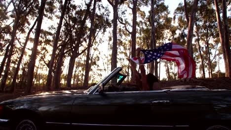 teenager friends partying on their road trip with smoke bombs