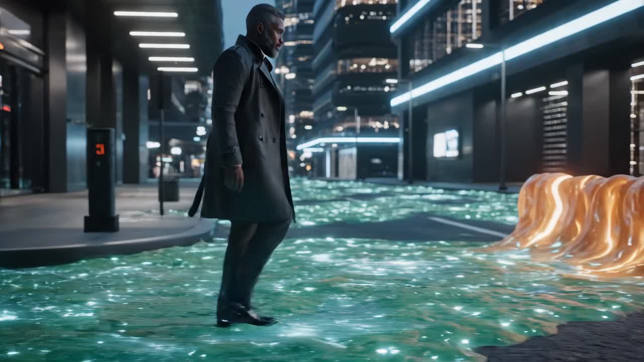 A man walking in a futuristic city with liquid streets