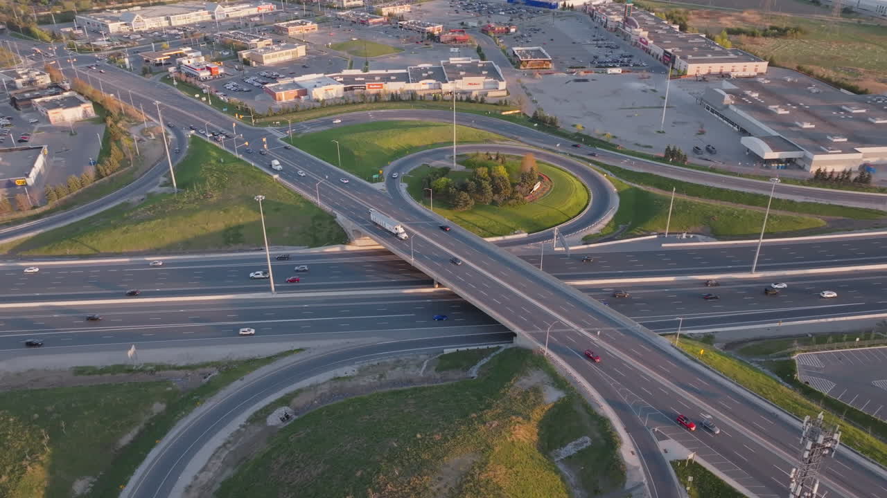 Mississauga highway 401 with vehicles moving in slow motion, aerial view