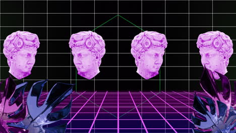 three pink classical busts in animation over neon grid and geometric shapes