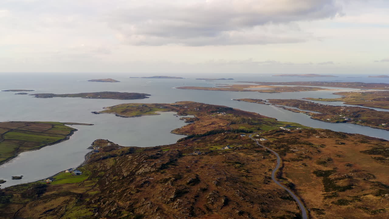 Aerial drone footage showcasing Sky Road views of the Connemara coastline. Ireland