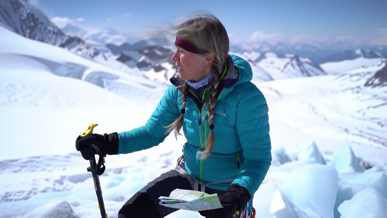A climber examines a map against a stunning backdrop of snow-covered peaks. The location showcases bright blue skies, glaciers, and intricate ice formations.