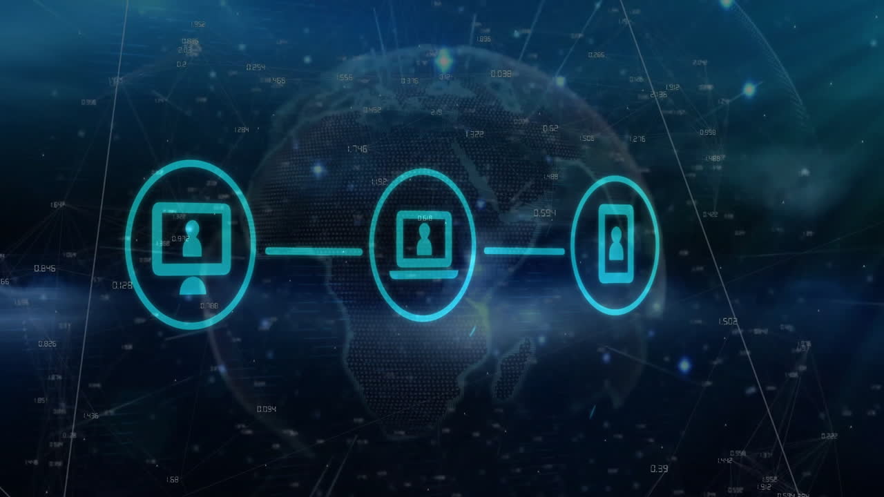 animación de la red de conexiones con iconos y procesamiento de datos en todo el mundo sobre fondo negro