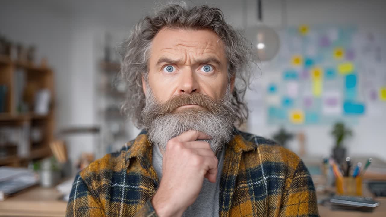 A Contemplative Man with a Thoughtful Expression in a Cozy Workspace, Highlighting the Journey from Thought to Reflection and Inner Peace Amidst Creativity