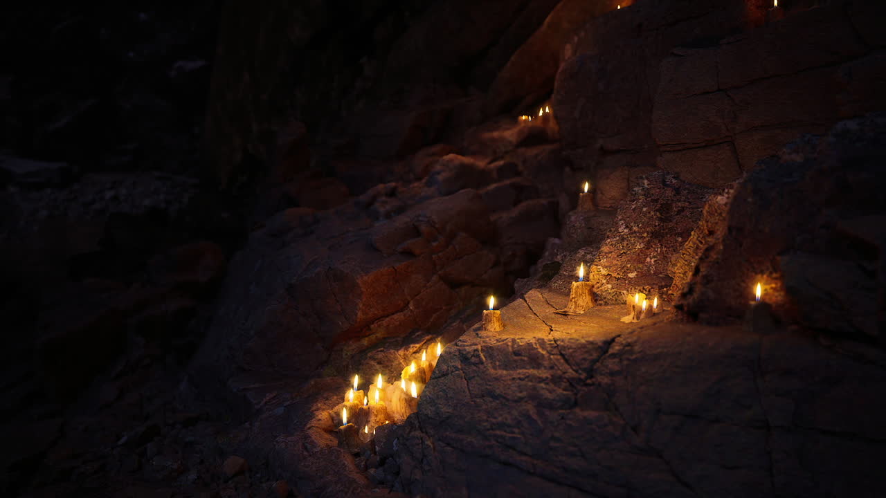 Candles illuminate rocky path at dusk near serene natural setting