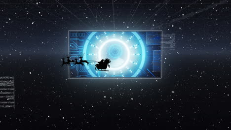 animación de santa claus en trineo con renos sobre el procesamiento de datos en pantallas