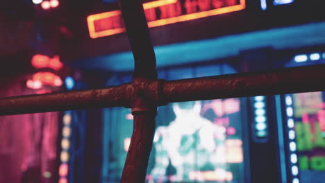 a close-up of a rusty pipe with neon lights in the background