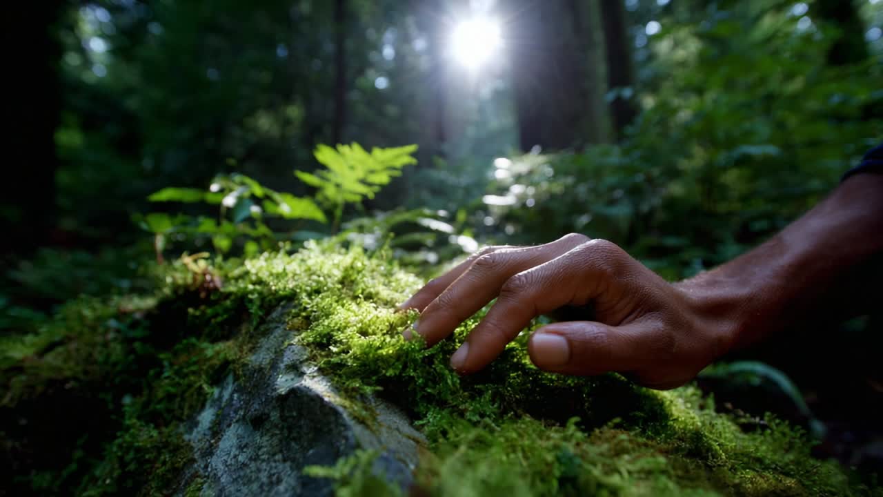 A Serene Moments Captured in Nature: The Gentle Touch of a Hand on Vibrant Green Moss Beneath Sunlight Filtering Through the Canopy, Evoking a Sense of Tranquility and Connection to the Earth