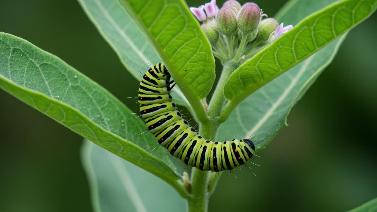 Captivating Transformation: A Close-Up of a Vibrantly Colored Caterpillar on Lush Green Leaves, Capturing the Essence of Nature's Beauty and the Journey of Metamorphosis