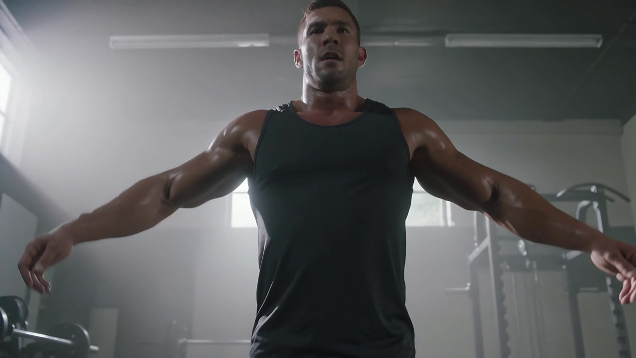 Between sets muscular man raising arms laterally in gym with power rack, wearing dark tank top