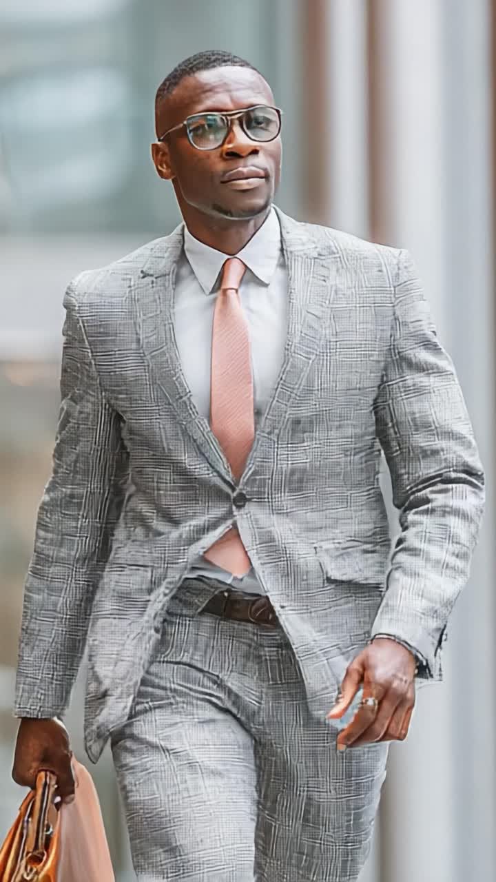 Uomo d'affari sicuro di sé in un elegante abito grigio dal look moderno, che mette in mostra eleganza e professionalità in un ambiente urbano contemporaneo