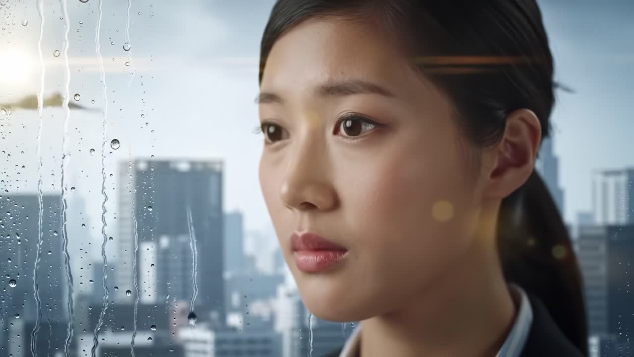 A woman stands by a window, looking out at a rainy city.