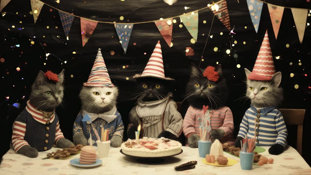 Whimsical video scene of cats in party hats around a table with cake, shot from a straight-on angle