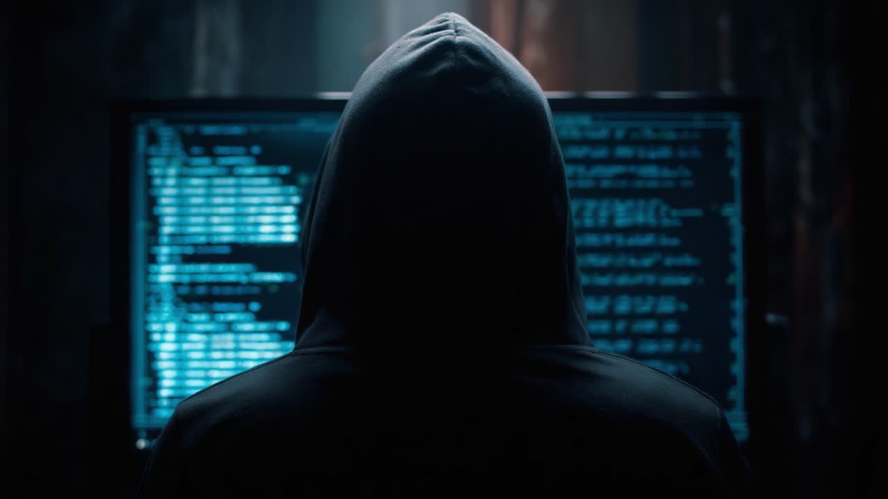 A Mysterious Figure in a Hoodie Staring at a Computer Screen Full of Code and Data, Embodying the Intrigue and Enigma of Cybersecurity and Hacking
