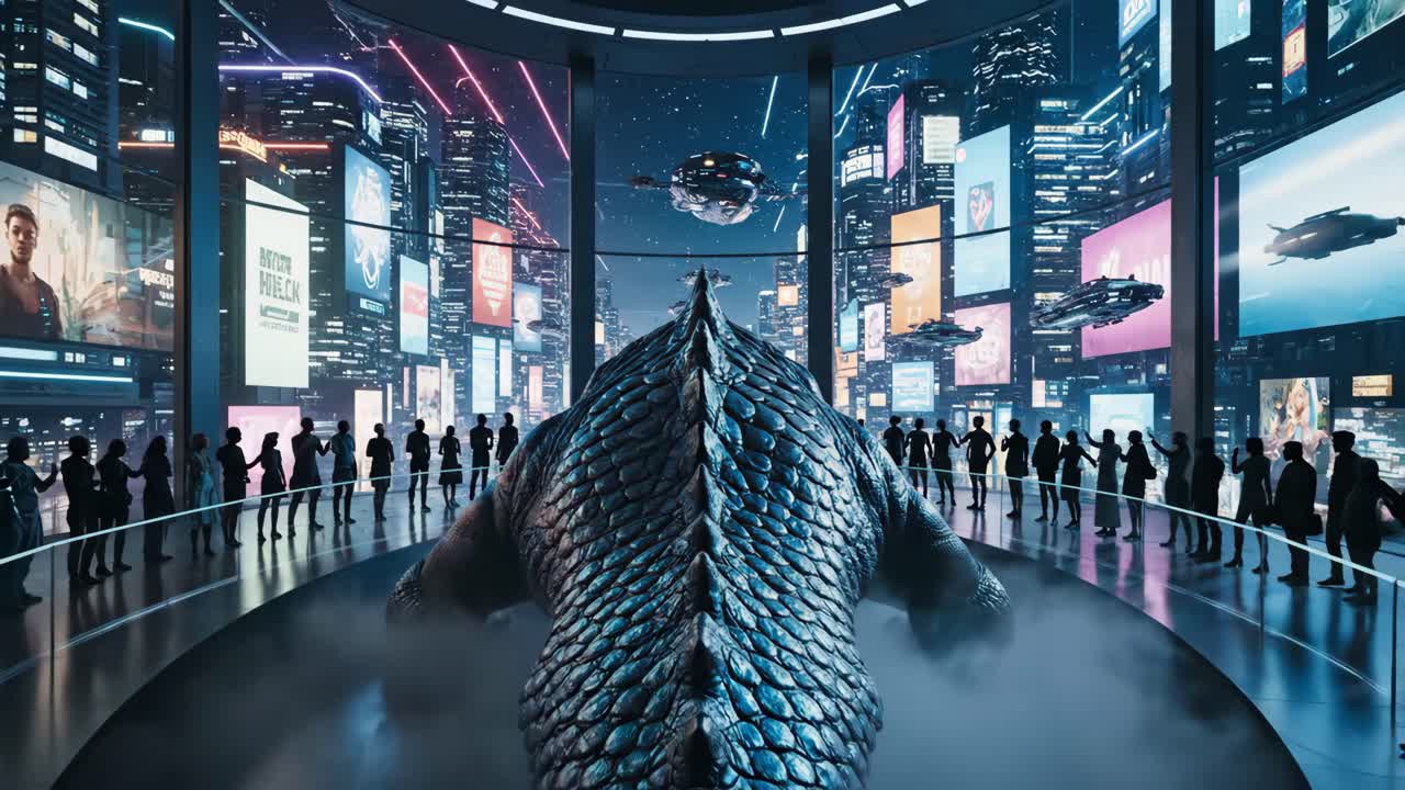 Futuristic City with Dragon and Crowd
