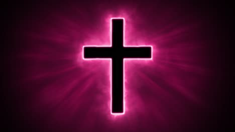 Uplifting-and-deeply-inspiring-reveal-animation-of-a-plain-classic-red-holy-Christian-crucifix-cross,-in-a-smoky-mystical-glow-and-emating-shining-God-rays-and-light-beams,-on-a-black-background