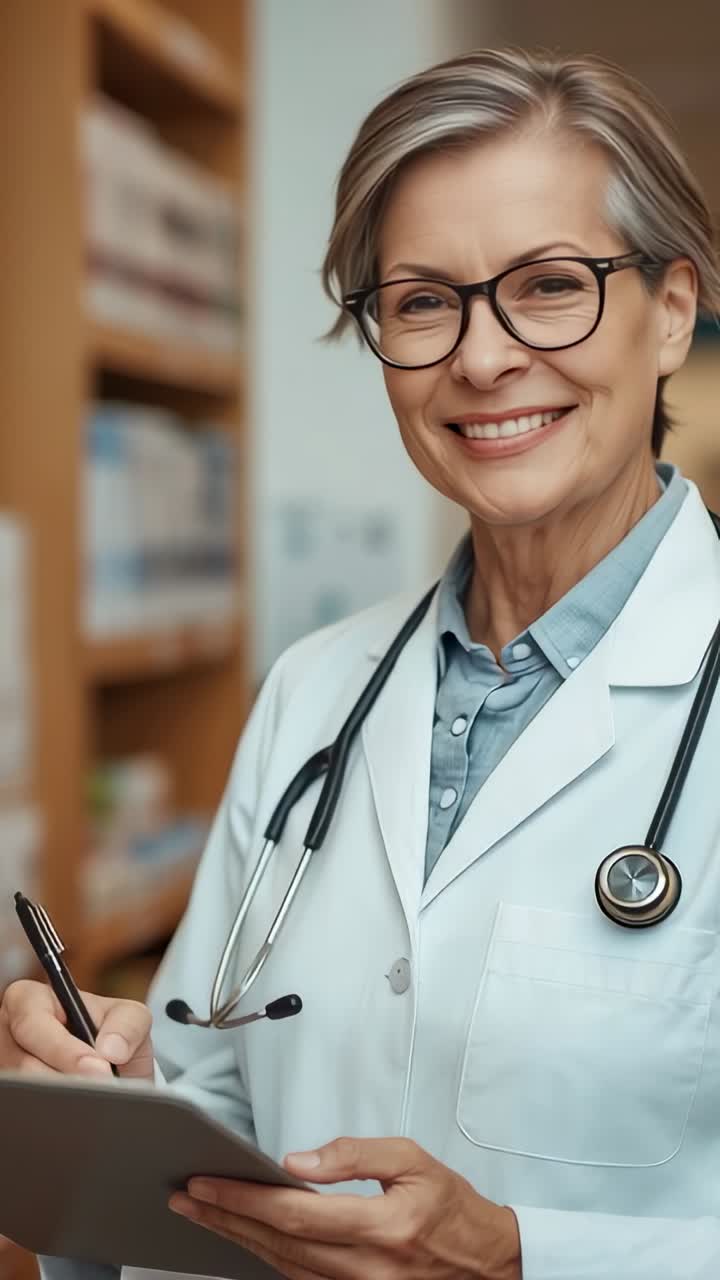 Vídeo vertical: doctor mirando un portapapeles y revisando notas de pacientes mientras sonríe en una clínica con un estetoscopio