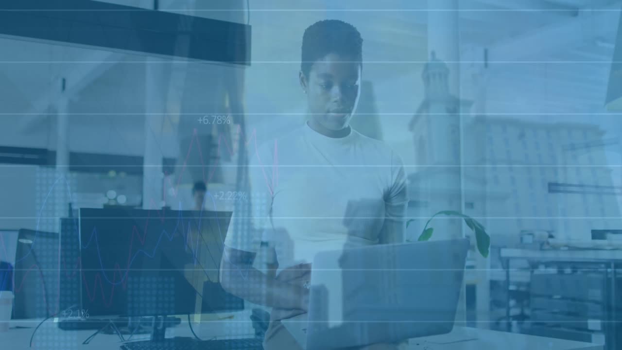 Animation of financial data processing and cityscape over diverse business people in office