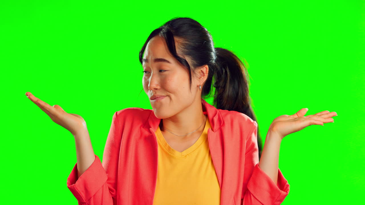 혼란스럽고, 혼란스럽고, 녹색에 있는 여자의 얼굴