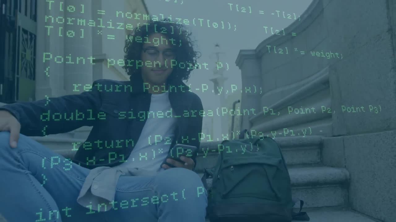 Animation of data processing over caucasian man using smartphone