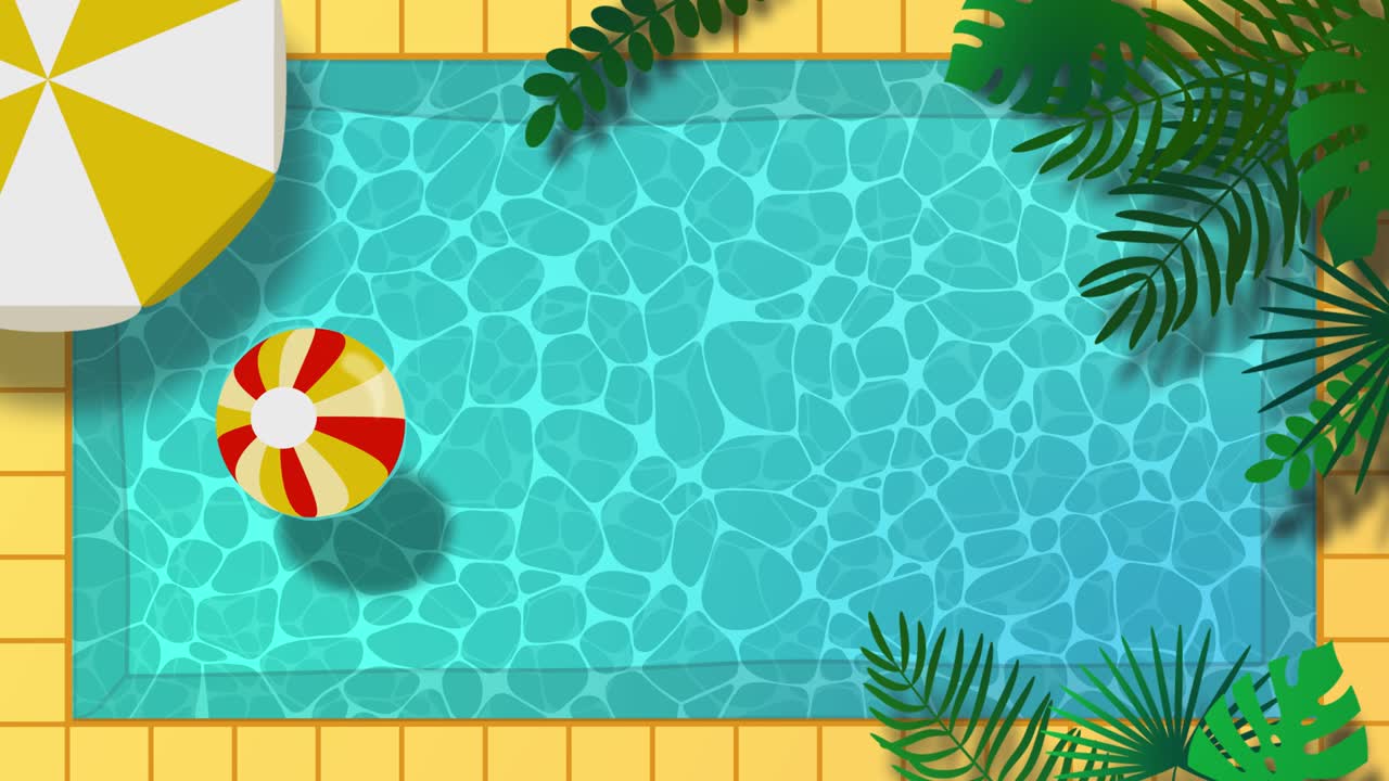 animación de la piscina de agua vista superior. hojas de palma. superficie de agua ondulada. diseño para el fondo de las vacaciones de verano con espacio de copia, banner web. paraguas de playa y pelota. piscina 4k imágenes en bucle