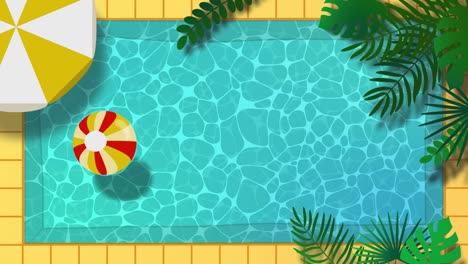 animation of water pool top view. palm leaves. rippled water surface. design for summer holiday background with copy space, web banner. beach umbrella and ball. swimming pool 4k looped footage