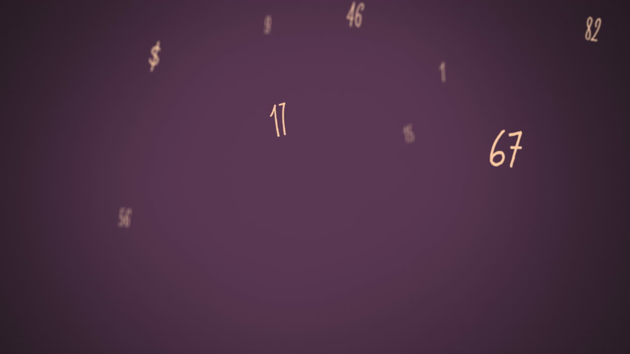 Digital animation of multiple numbers and symbols floating against purple background