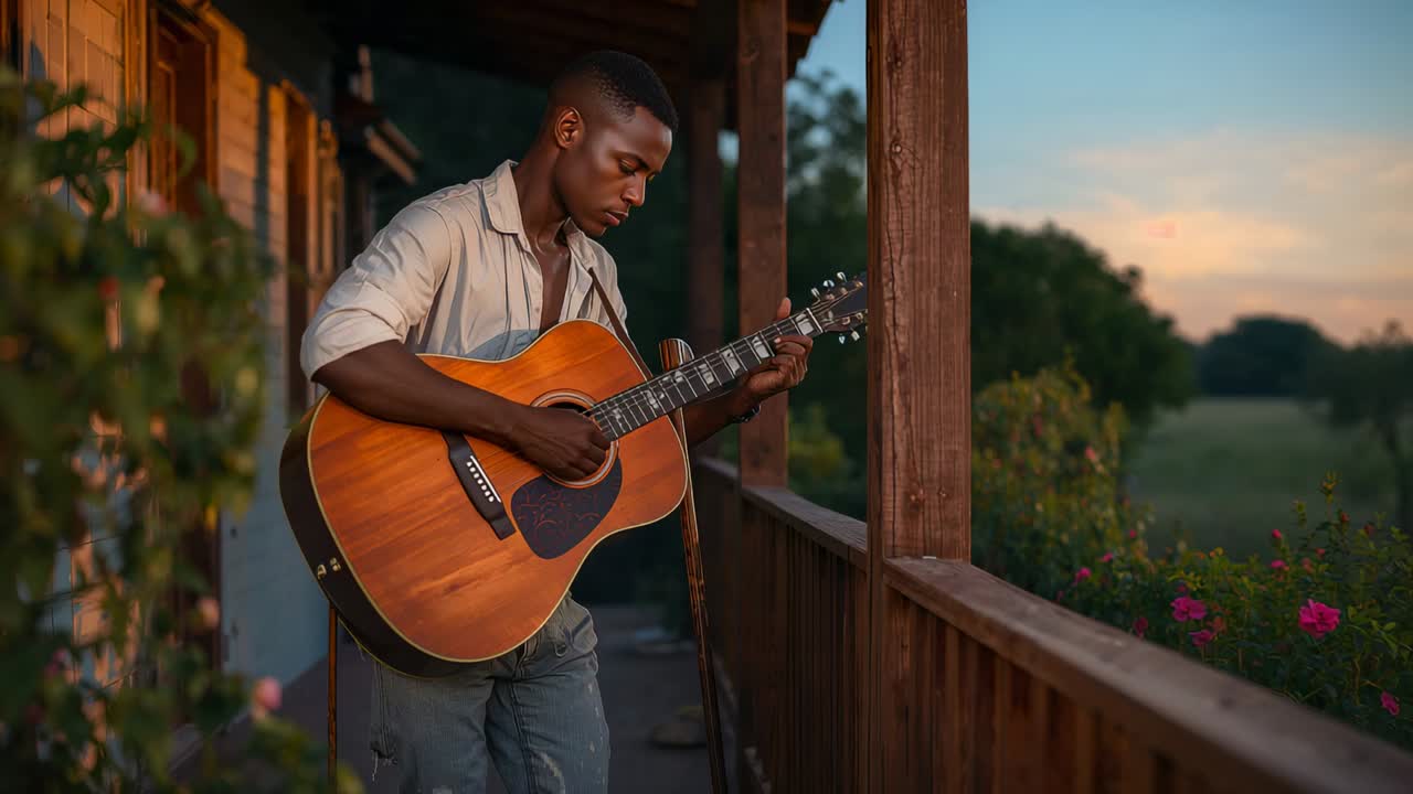 Tramonto che ritrae un uomo con jeans e camicia marrone chiaro che suona la chitarra acustica sul portico, cambiando accordi e pizzicando le corde