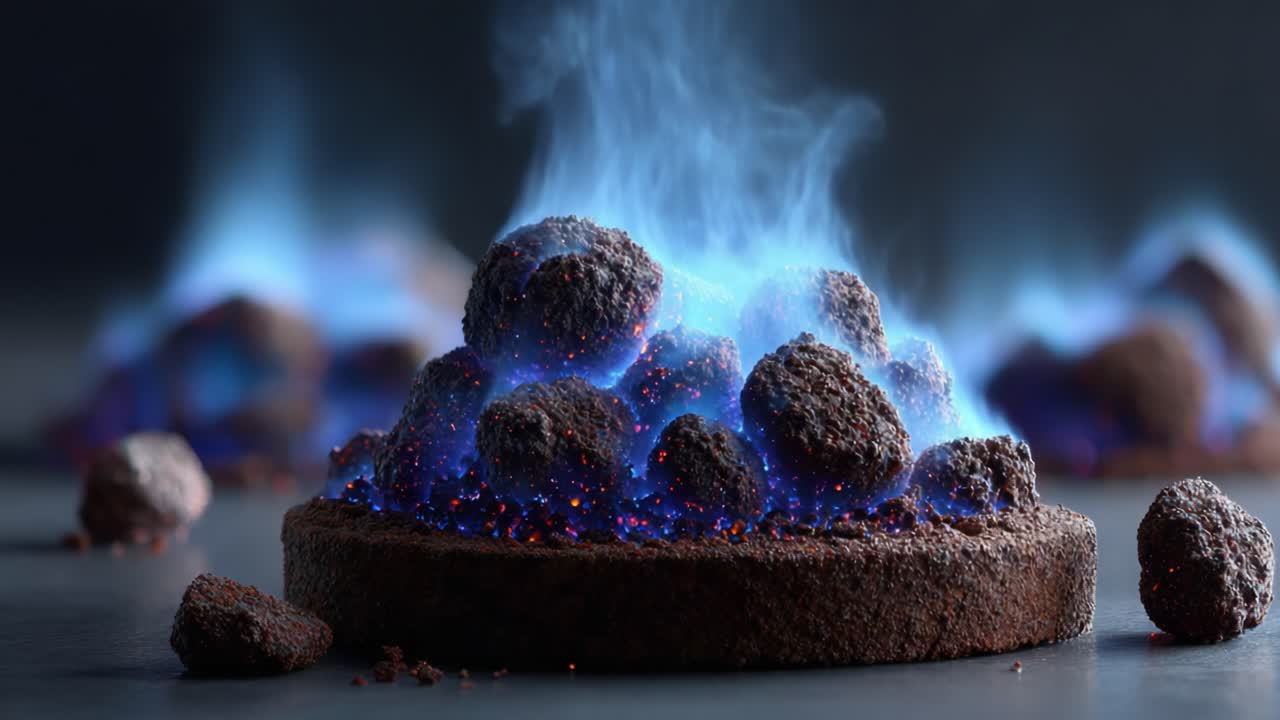 A mesmerizing display of culinary art featuring a cake-like structure with vivid blue flames emanating from chocolate-like spheres, creating an ethereal presentation