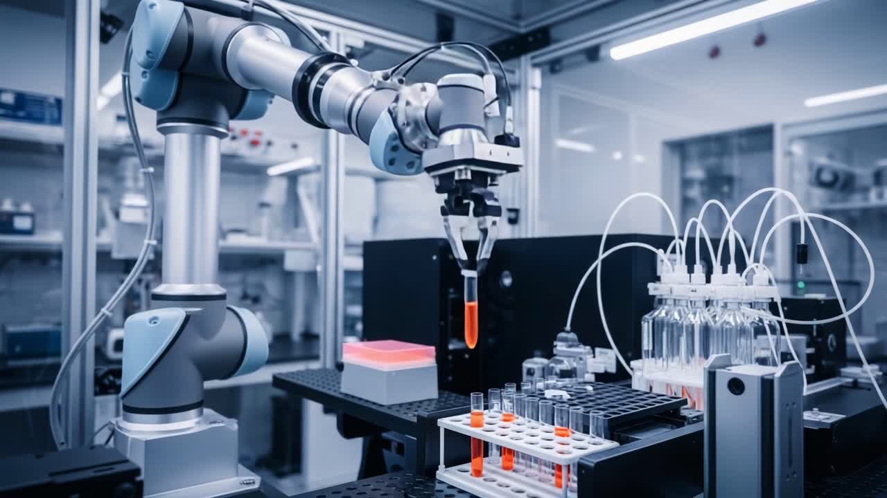 Advanced Robotic Arm in Laboratory Setting Performing Automated Liquid Handling and Sample Preparation for Scientific Research and Analysis
