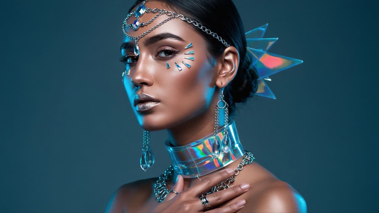 A Stunning Model Showcases Futuristic Fashion and Gleaming Accessories in a Stylish Portrait, Highlighting Elegance and Unique Design Elements Against a Dark Background