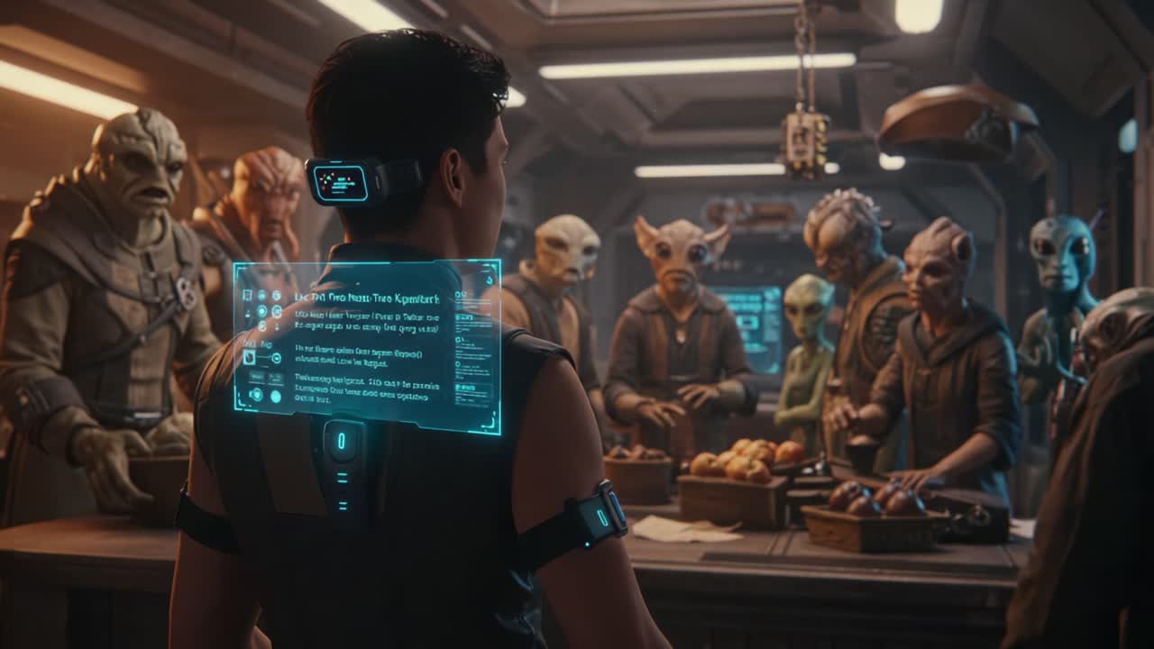 An Intergalactic Marketplace Encounter: An Adventurer Engages with Alien Species in a Futuristic Market Scene Filled with Fresh Produce and High-Tech Visual Displays