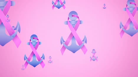 Animation-of-multiple-pink-ribbon-anchor-logo-flying-on-pink-background