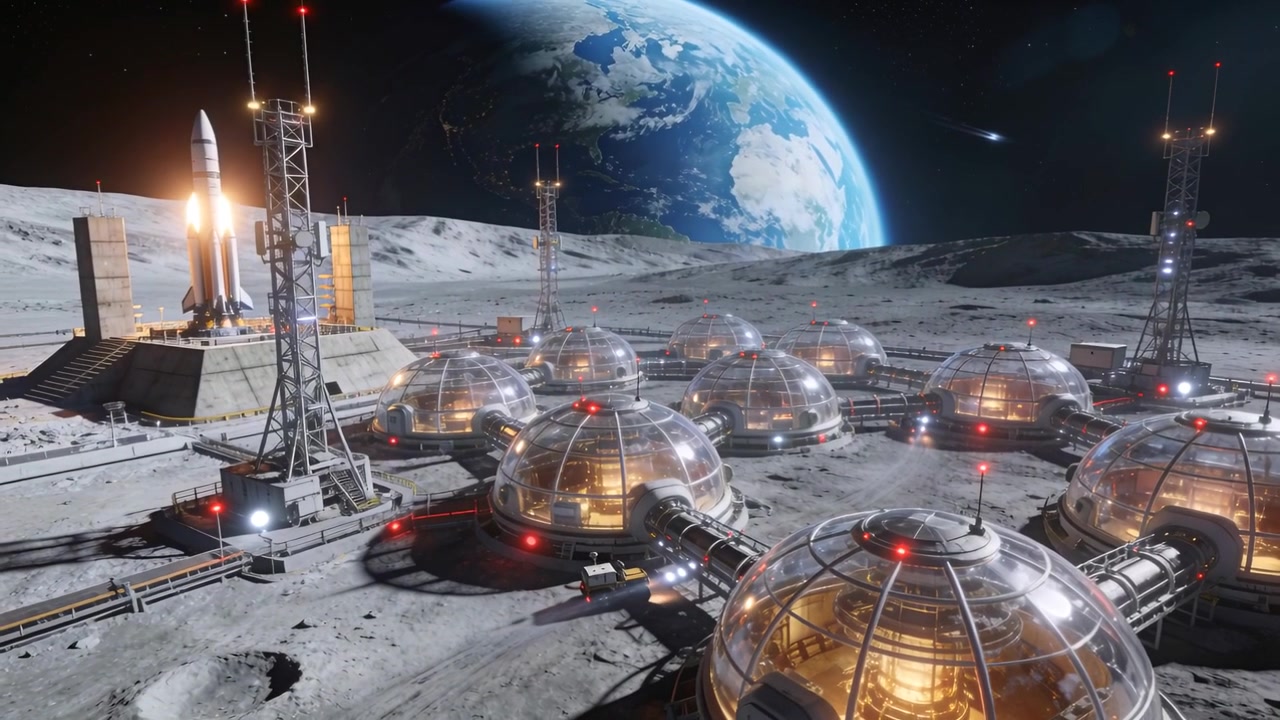 Razzo che si accende, sollevandosi dalla piattaforma su una pianura lunare per andare in orbita, illuminando cupole e spostando un rover.