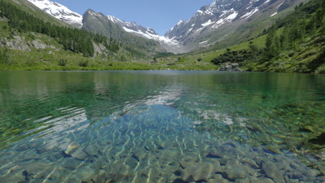 mountain lake with turquoise clear water in the summer with snowy mountains in the background