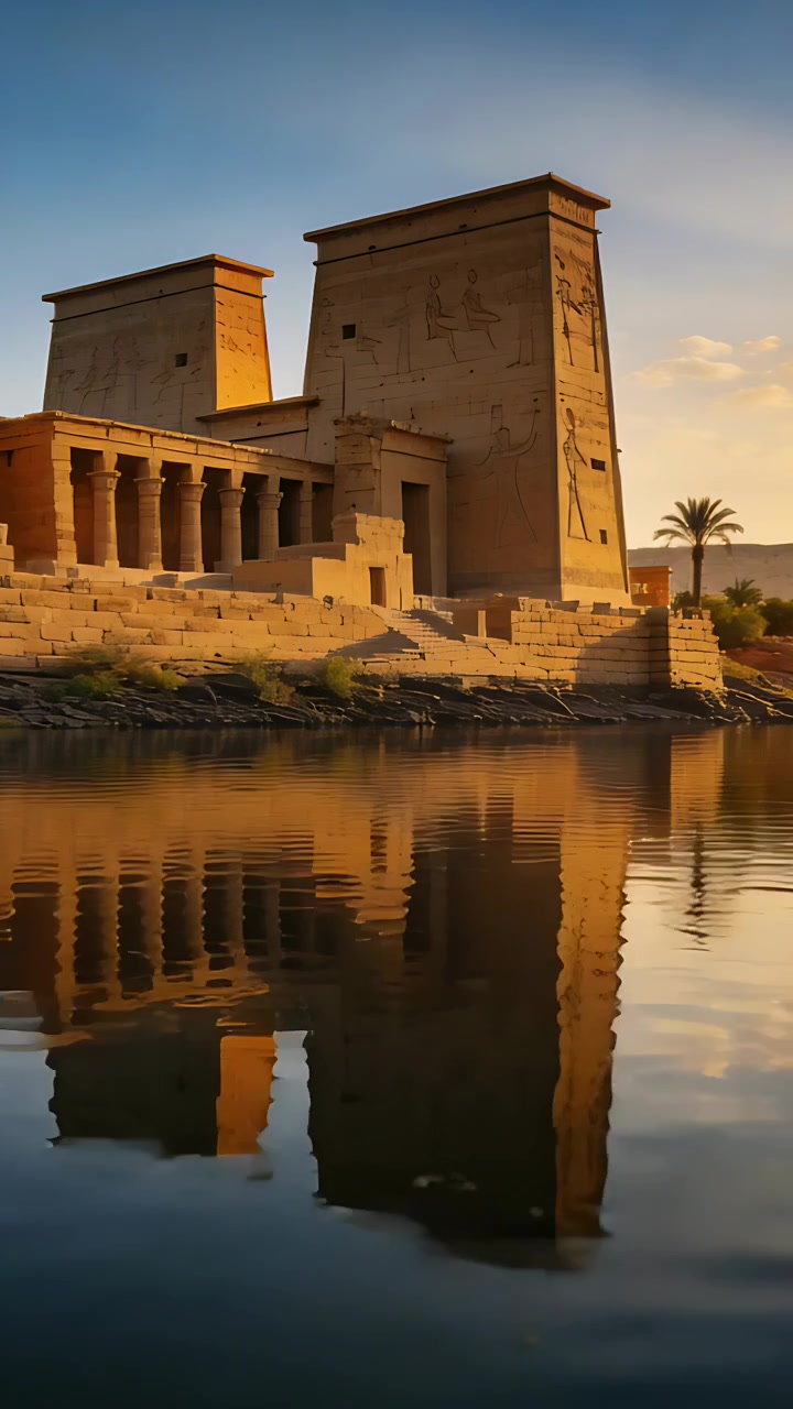 Video verticale: Telecamera che si solleva rivelando il riflesso di un antico tempio sulla riva del fiume, con una palma in piedi.