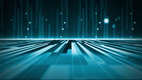 3D-animation-of-blue-rectangle-bars-moving-towards-the-screen-with-flashing-and-glowing-light-squares-and-the-camera-slowly-panning-near-the-surface-floor