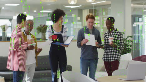 diverse group of colleagues discussing documents with digital data overlay animation