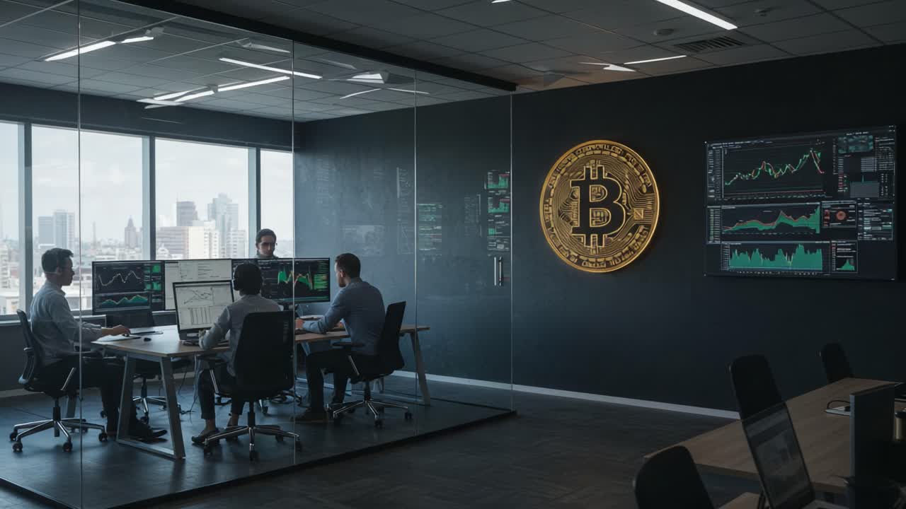 Sala de trading moderna de Bitcoin: equipo de analistas dedicados al análisis del mercado de criptomonedas con gráficos y visualización de datos en pantallas
