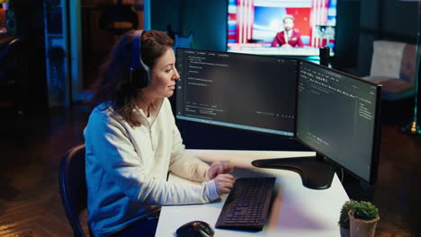 woman listening music while doing software quality assurance