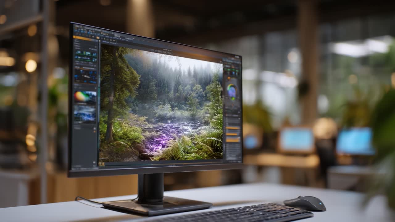 A Captivating Computer Workspace Showcasing Lush Forest Scenery with Vibrant Elements on a High-Resolution Monitor Surrounded by an Inspirational Office Environment
